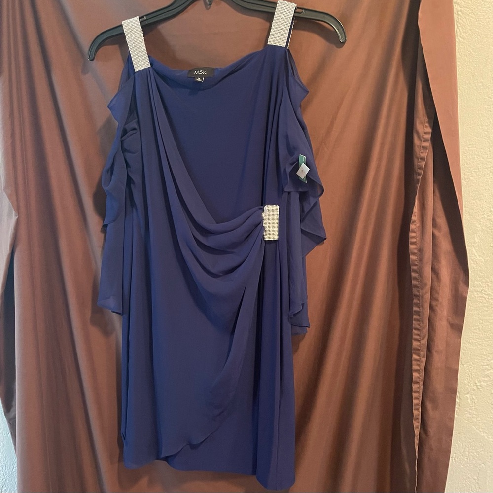 Blue Draped Dress with Silver Straps